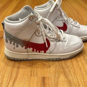 NIKE AIR HIGHTOPS WORN ONCE - SIZE 7 - RED AND GREY PAINTED SWOOSH